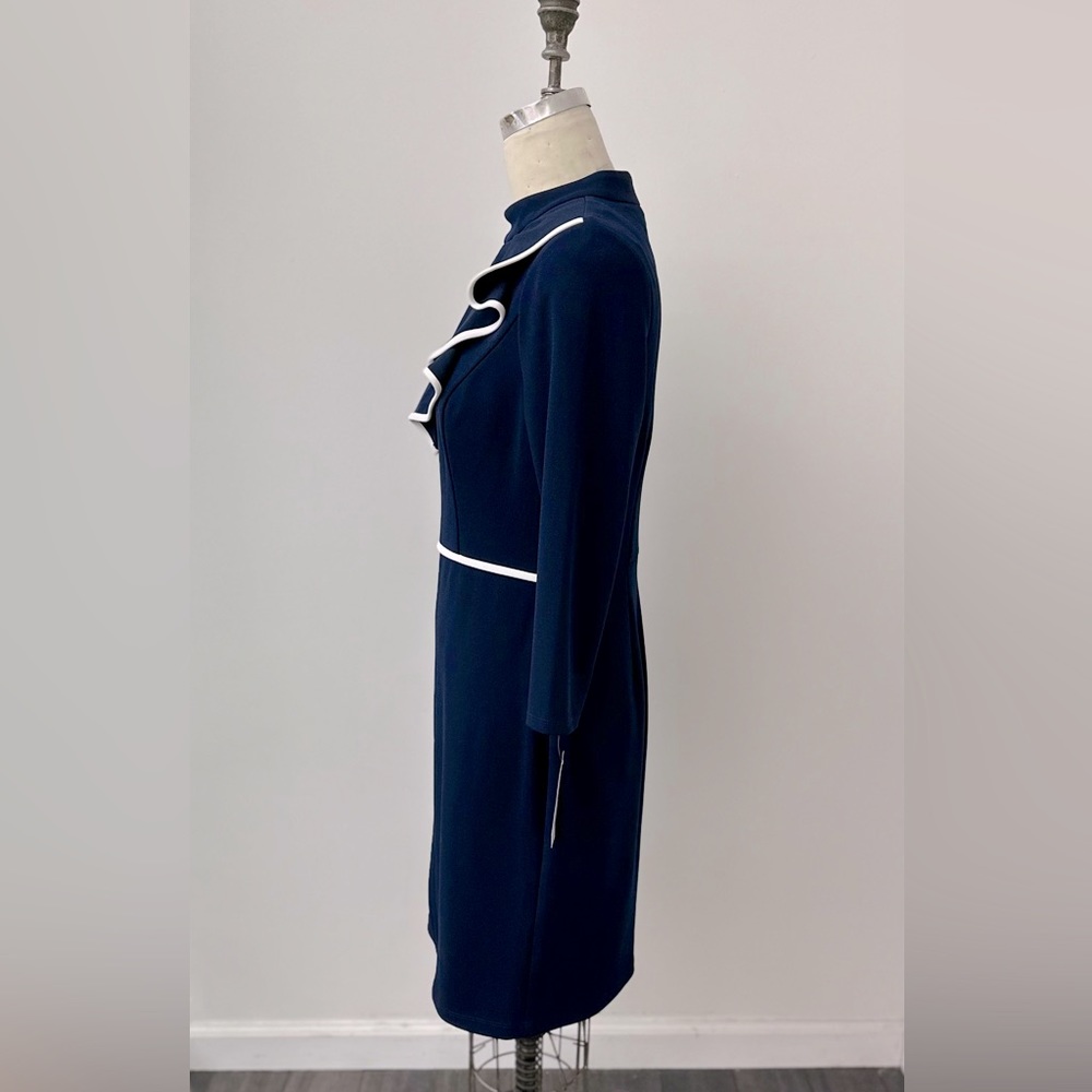 NWT Glamour Navy Tipped Scuba Crepe Ruffle Neck Sheath - Picture 3 of 7